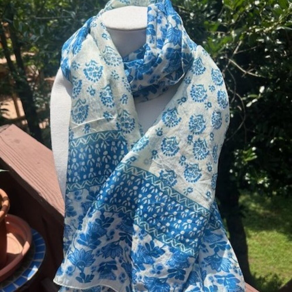 Rockflowerpaper French Country Blue White 100% Silk Screen Print SCARF/WRAP